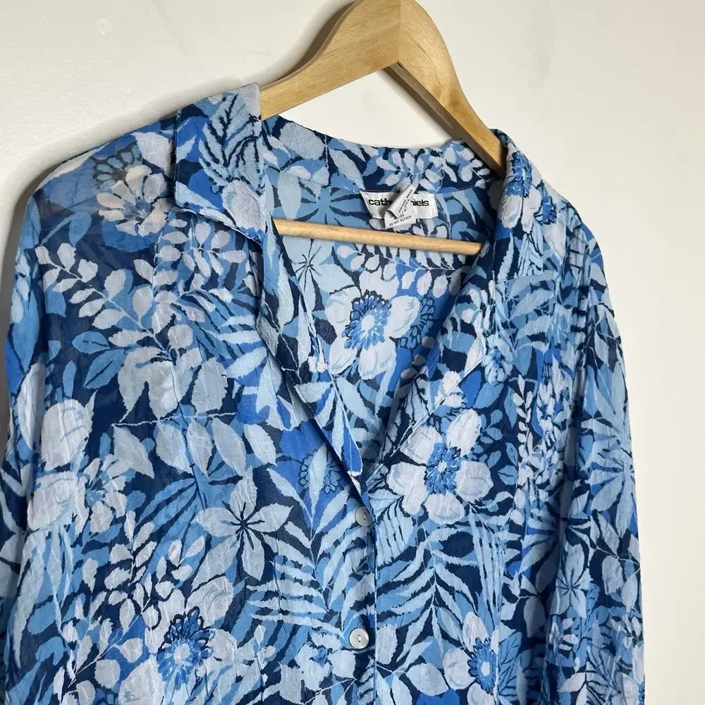 Sheer Tropical Floral Top Blue Womens Size 1X Cathy Daniels Resort
